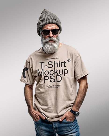 An Old Man with Sunglasses Wearing T-Shirt and Beanie Hat Mockup