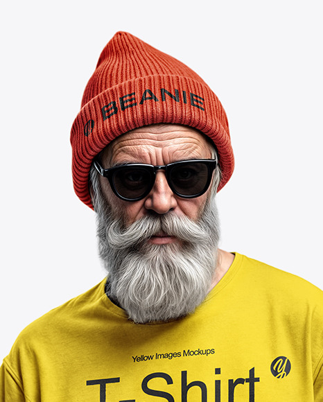 An Old Man with Sunglasses Wearing T-Shirt and Beanie Hat Mockup