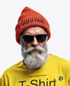 An Old Man with Sunglasses Wearing T-Shirt and Beanie Hat Mockup