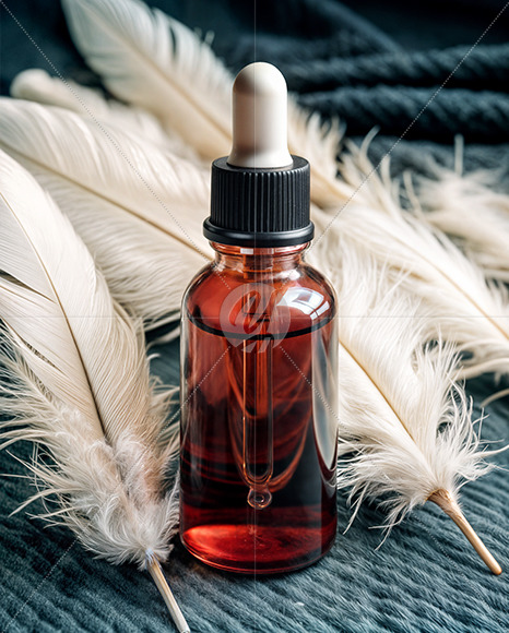 Ruby Oil Tincture Dropper Bottle with Feathers on Fabric Mockup