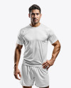 A Latino Man Wearing a Raglan Soccer Jersey and Shorts Mockup