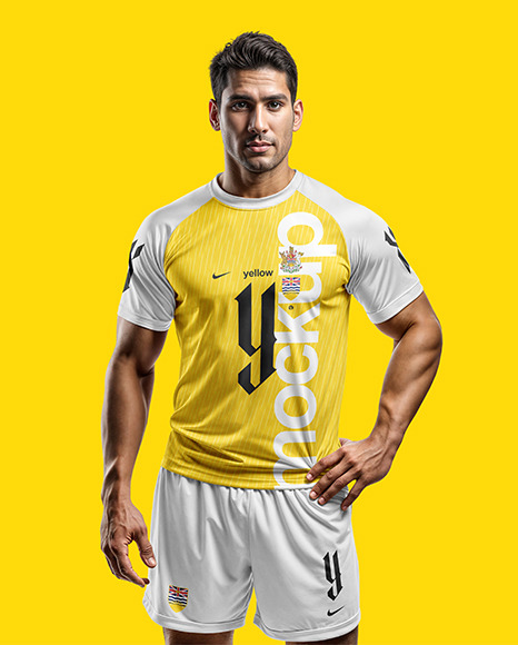 A Latino Man Wearing a Raglan Soccer Jersey and Shorts Mockup