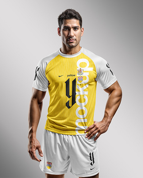 A Latino Man Wearing a Raglan Soccer Jersey and Shorts Mockup