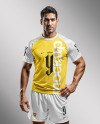 A Latino Man Wearing a Raglan Soccer Jersey and Shorts Mockup