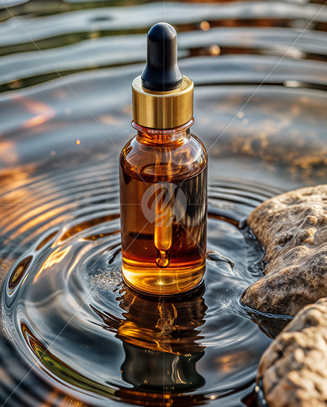 Amber Oil Tincture Dropper Bottle on Water Surface Mockup