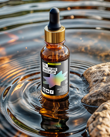 Amber Oil Tincture Dropper Bottle on Water Surface Mockup