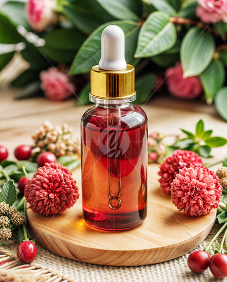 Red Oil Tincture Dropper Bottle with Flowers on Wooden Board Mockup