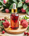 Red Oil Tincture Dropper Bottle with Flowers on Wooden Board Mockup