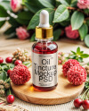 Red Oil Tincture Dropper Bottle with Flowers on Wooden Board Mockup