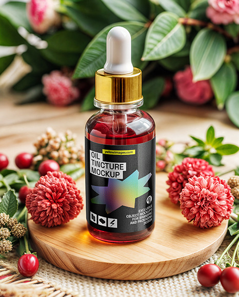 Red Oil Tincture Dropper Bottle with Flowers on Wooden Board Mockup
