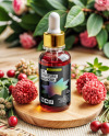 Red Oil Tincture Dropper Bottle with Flowers on Wooden Board Mockup
