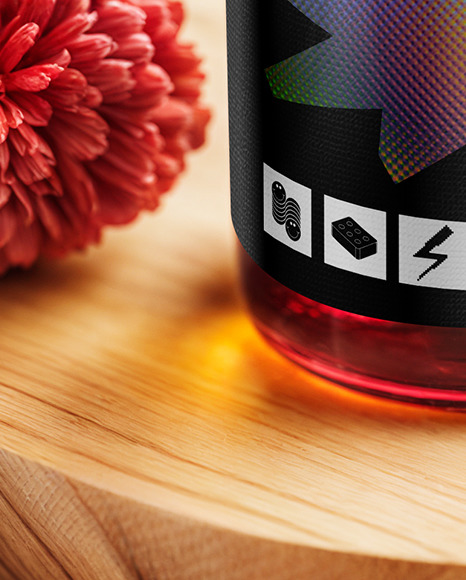 Red Oil Tincture Dropper Bottle with Flowers on Wooden Board Mockup