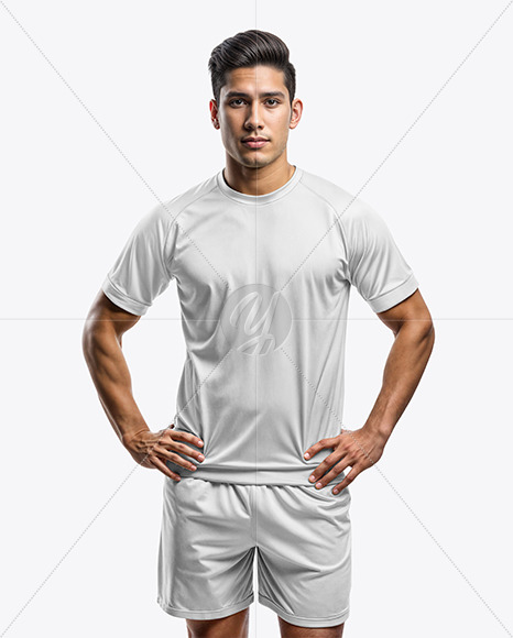 Young Latino Man Wearing a Raglan Soccer Jersey and Shorts Mockup