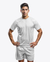 Young Latino Man Wearing a Raglan Soccer Jersey and Shorts Mockup