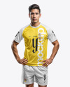 Young Latino Man Wearing a Raglan Soccer Jersey and Shorts Mockup