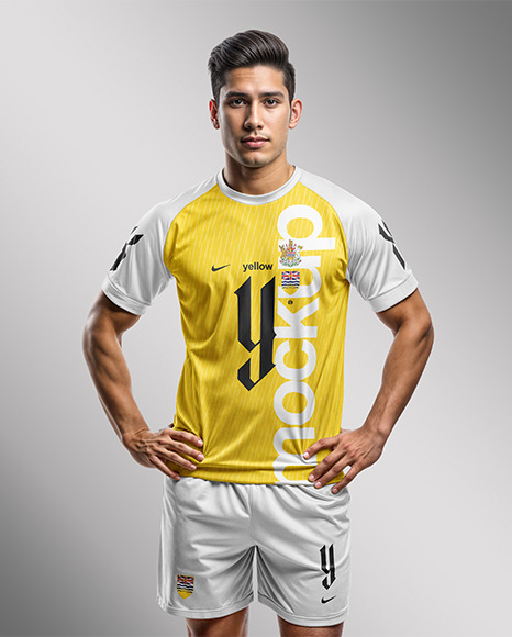 Young Latino Man Wearing a Raglan Soccer Jersey and Shorts Mockup
