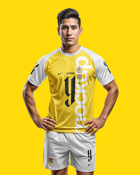Young Latino Man Wearing a Raglan Soccer Jersey and Shorts Mockup