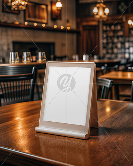 Plastic QR Code Scan Stand on a Wooden Table Mockup