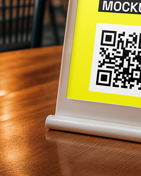 Plastic QR Code Scan Stand on a Wooden Table Mockup