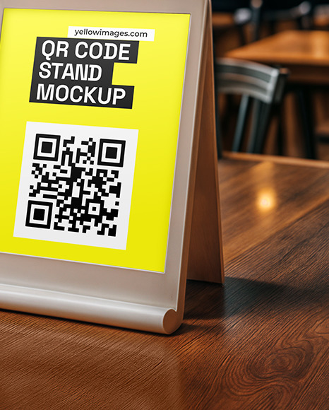 Plastic QR Code Scan Stand on a Wooden Table Mockup