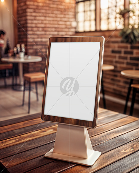 Wooden QR Code Stand on a Table Mockup