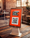 Wooden QR Code Stand on a Table Mockup
