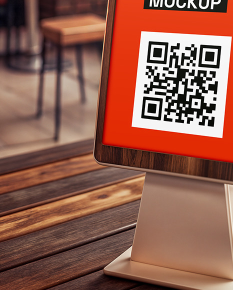 Wooden QR Code Stand on a Table Mockup