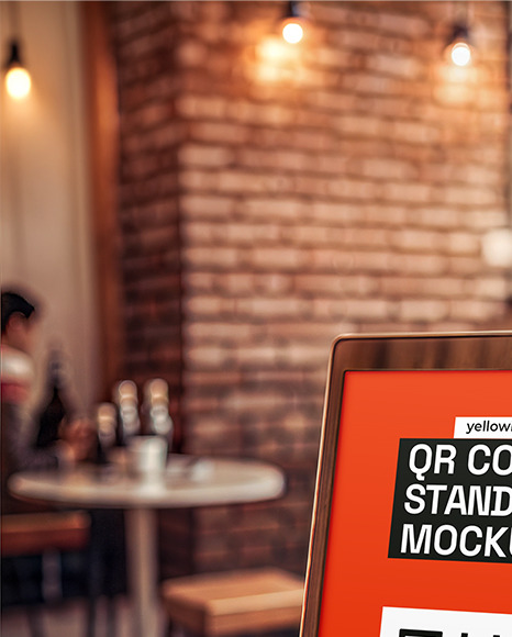 Wooden QR Code Stand on a Table Mockup