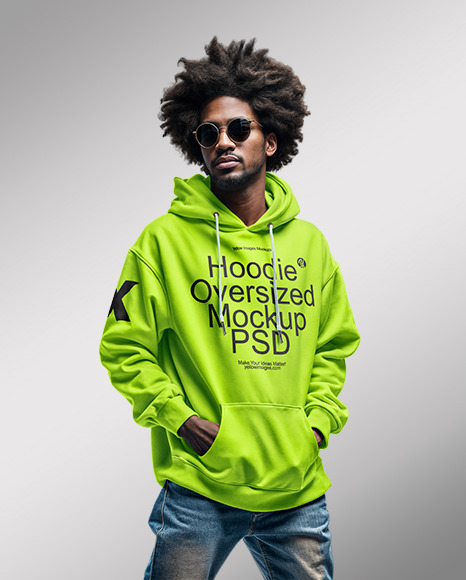 Black Bearded Man with Afro Wearing a Hoodie and Jeans Mockup