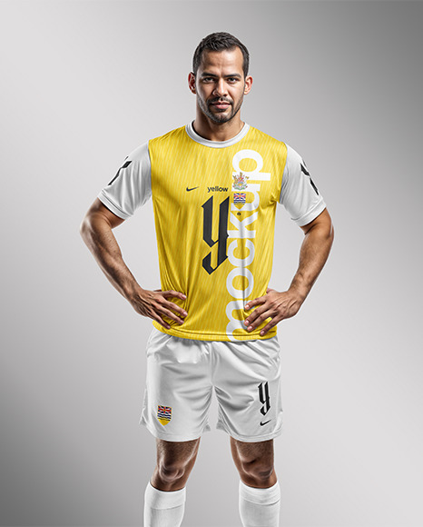 A Latino Man Wearing a Crew Neck Soccer Jersey and Shorts Mockup