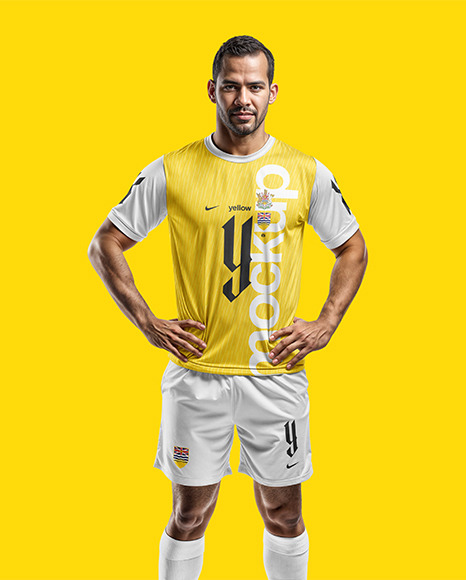 A Latino Man Wearing a Crew Neck Soccer Jersey and Shorts Mockup