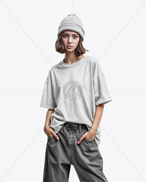 Young Woman with Beanie Hat Wearing a T-Shirt and Wide Jeans Mockup