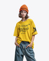 Young Woman with Beanie Hat Wearing a T-Shirt and Wide Jeans Mockup