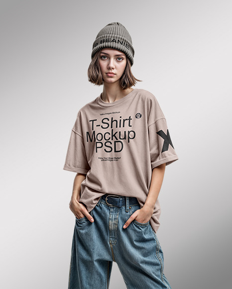 Young Woman with Beanie Hat Wearing a T-Shirt and Wide Jeans Mockup