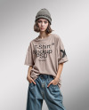 Young Woman with Beanie Hat Wearing a T-Shirt and Wide Jeans Mockup