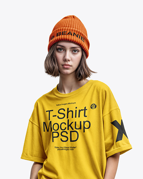 Young Woman with Beanie Hat Wearing a T-Shirt and Wide Jeans Mockup