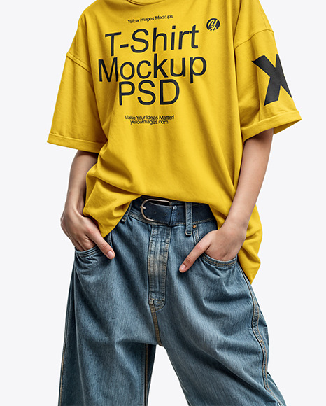 Young Woman with Beanie Hat Wearing a T-Shirt and Wide Jeans Mockup