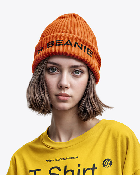 Young Woman with Beanie Hat Wearing a T-Shirt and Wide Jeans Mockup