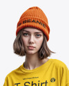 Young Woman with Beanie Hat Wearing a T-Shirt and Wide Jeans Mockup