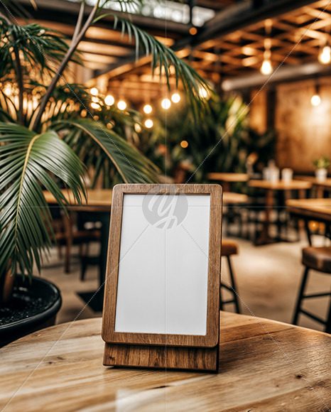 Wooden QR Code Stand on a Table Mockup