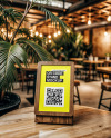 Wooden QR Code Stand on a Table Mockup