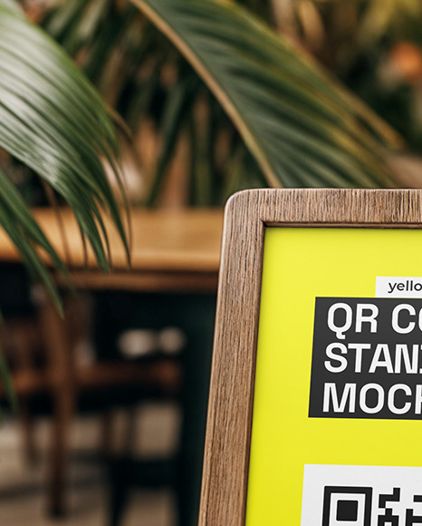 Wooden QR Code Stand on a Table Mockup