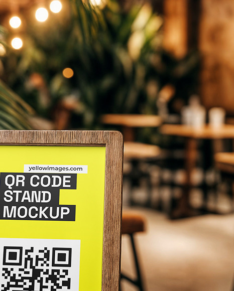Wooden QR Code Stand on a Table Mockup