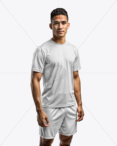 Young Latino Man Wearing a Crew Neck Soccer Jersey and Shorts Mockup