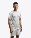 Young Latino Man Wearing a Crew Neck Soccer Jersey and Shorts Mockup