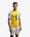 Young Latino Man Wearing a Crew Neck Soccer Jersey and Shorts Mockup