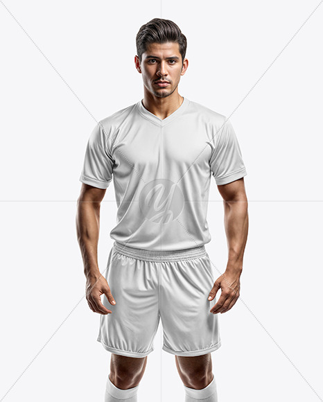 Young Latino Man Wearing V-Neck Soccer Jersey and Shorts Mockup