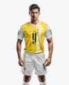 Young Latino Man Wearing V-Neck Soccer Jersey and Shorts Mockup