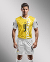 Young Latino Man Wearing V-Neck Soccer Jersey and Shorts Mockup
