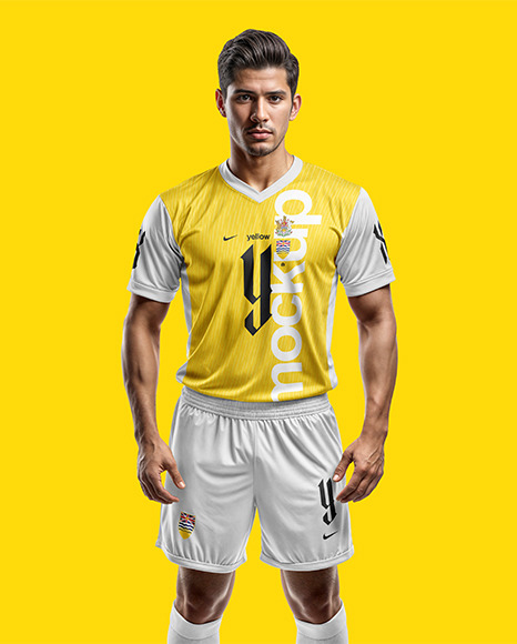 Young Latino Man Wearing V-Neck Soccer Jersey and Shorts Mockup